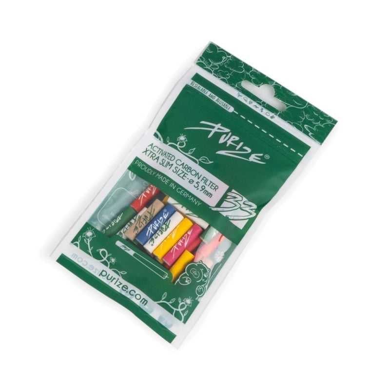 Confezzione da 33 pezzi di filtri ai carboni attivi Purize Extra Slim 5.9mm, colore giallo, per un'esperienza di fumo più pulita e aromatica.