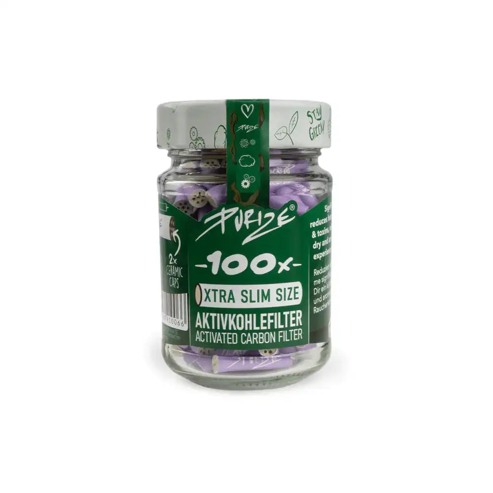Barattolo da 100 pezzi di filtri ai carboni attivi Purize Lilla Extra Slim 5.9mm, colore giallo, per un'esperienza di fumo più pulita e aromatica.