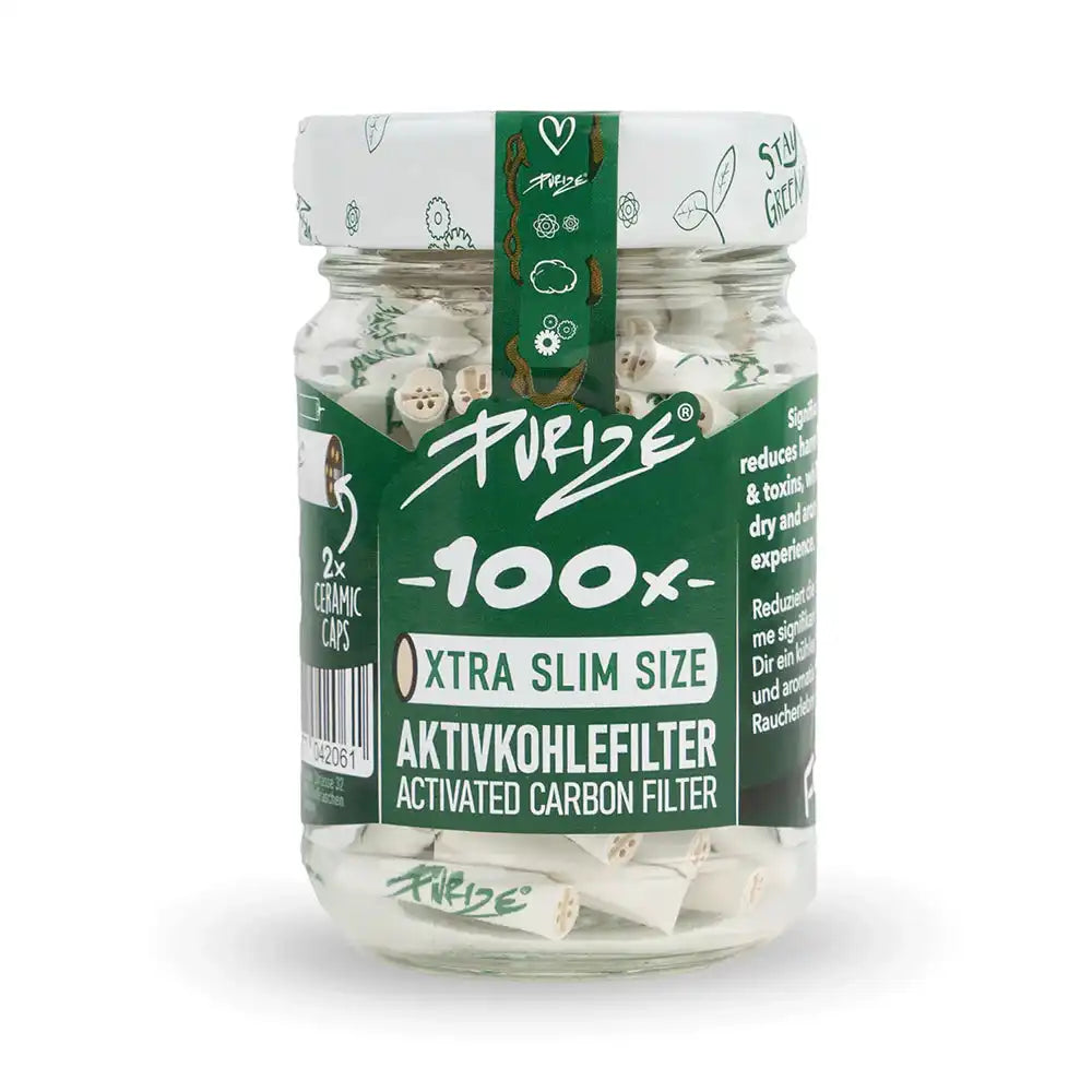 Barattolo da 100 pezzi di filtri ai carboni attivi Purize Bianco Extra Slim 5.9mm, colore giallo, per un'esperienza di fumo più pulita e aromatica.