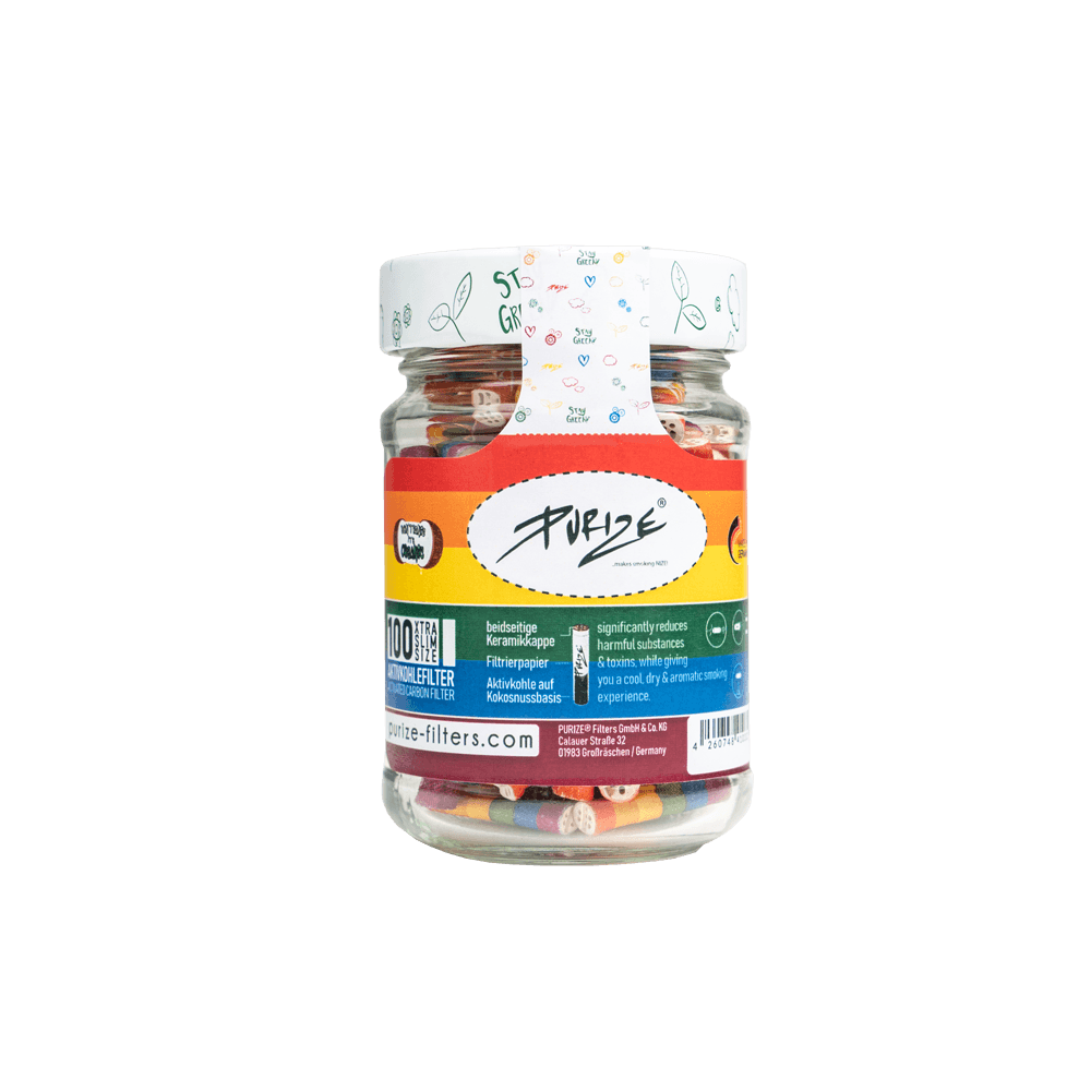 Barattolo da 100 pezzi di filtri ai carboni attivi Purize Rainbow Extra Slim 5.9mm, colore giallo, per un'esperienza di fumo più pulita e aromatica.