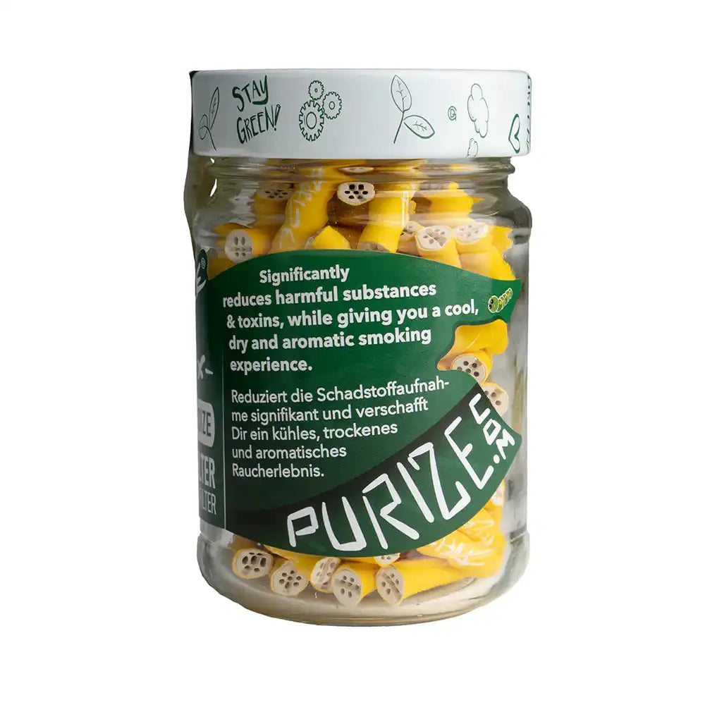 Barattolo da 100 pezzi di filtri ai carboni attivi Purize Spy Extra Slim 5.9mm, colore giallo, per un'esperienza di fumo più pulita e aromatica.