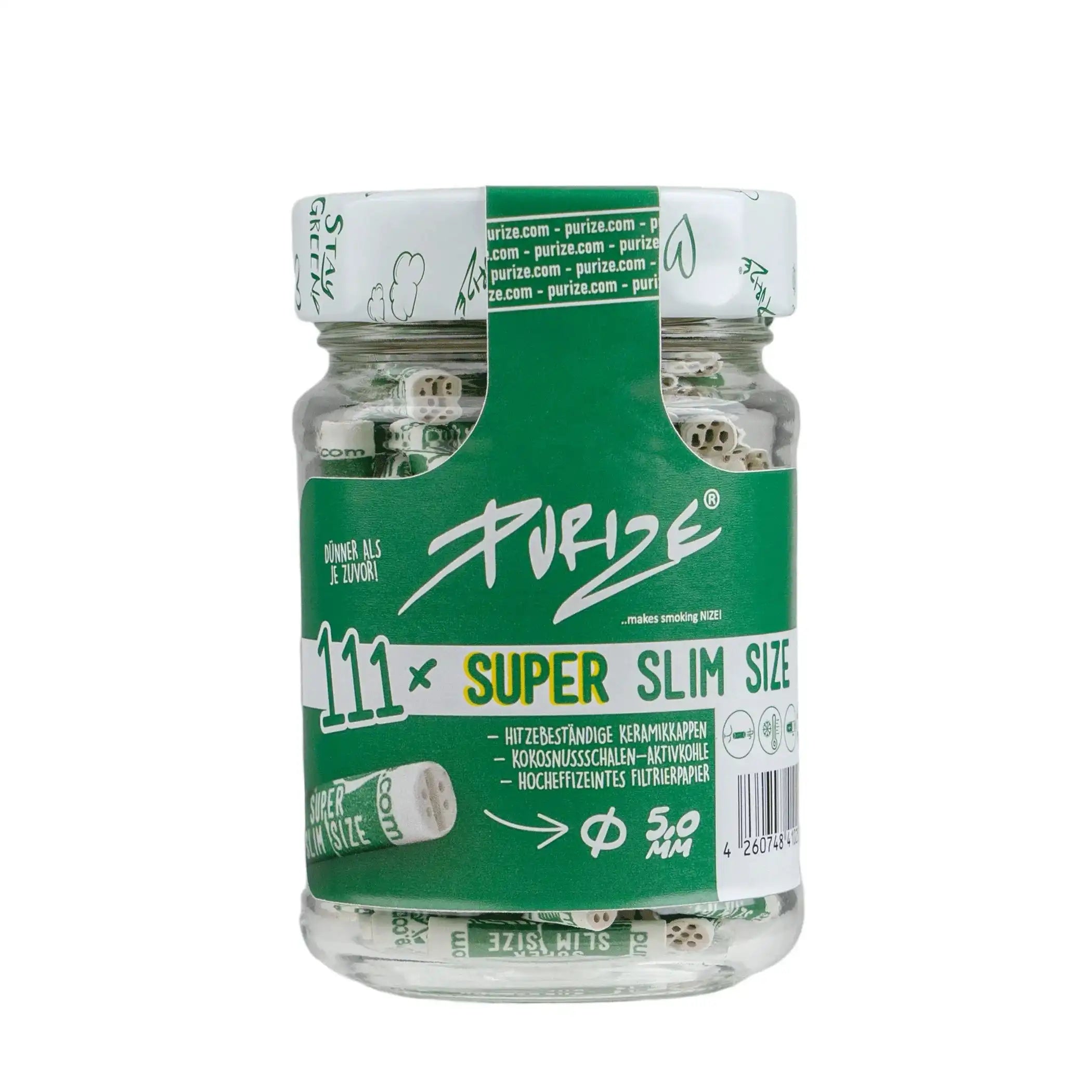 Purize Filtri ai carboni attivi bianchi Super Slim 5 mm in barattolo da 111 pezzi, ideali per fumatori attenti alla qualità e sostenibilità.