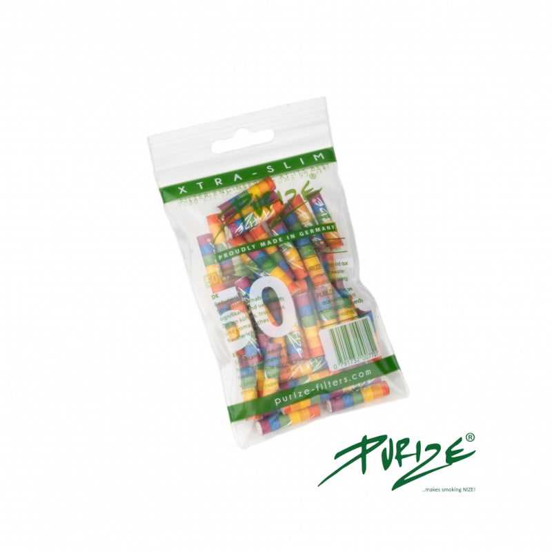 Confezzione da 50 pezzi di filtri ai carboni attivi Purize Extra Slim 5.9mm, colore Rainbow, per un'esperienza di fumo più pulita e aromatica.