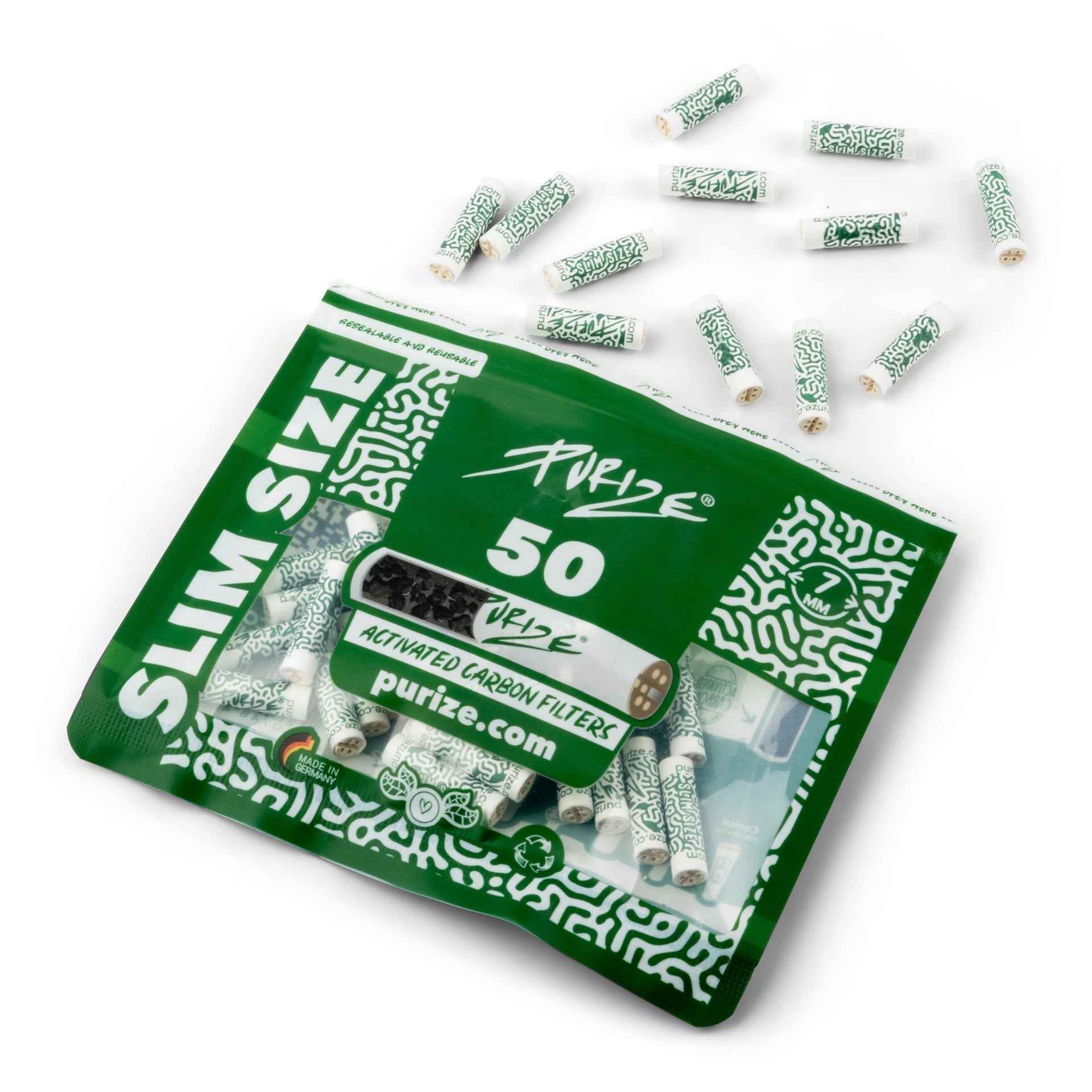 Confezione da 50 pezzi di filtri ai carboni attivi Purize 7 mm, colore bianco, per un'esperienza di fumo più pulita e aromatica.