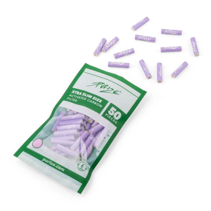 Confezzione da 50 pezzi di filtri ai carboni attivi Purize Extra Slim 5.9mm, colore Lilla, per un'esperienza di fumo più pulita e aromatica.