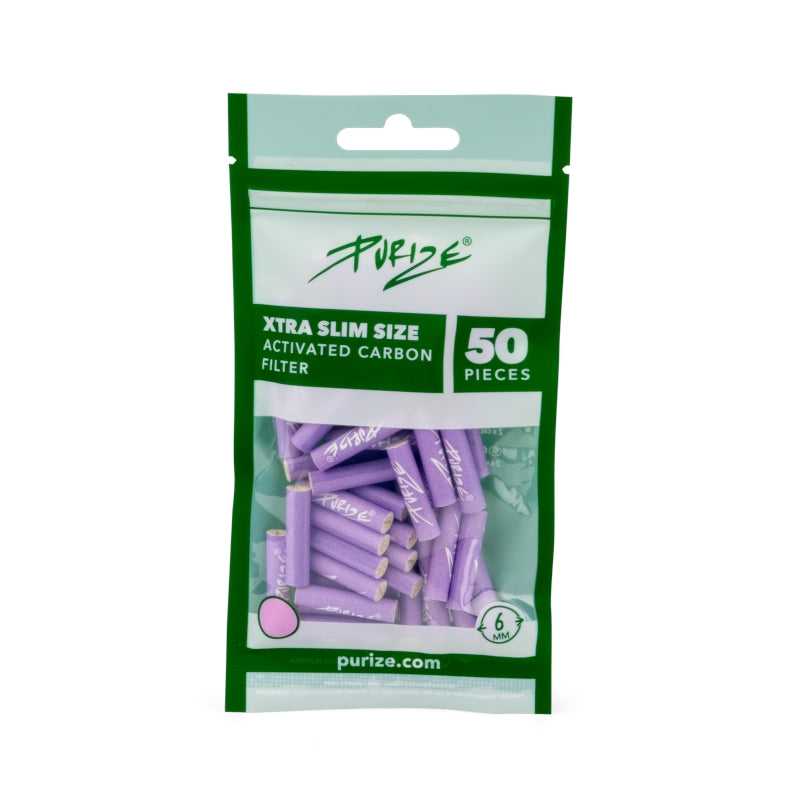 Confezzione da 50 pezzi di filtri ai carboni attivi Purize Extra Slim 5.9mm, colore Lilla, per un'esperienza di fumo più pulita e aromatica.