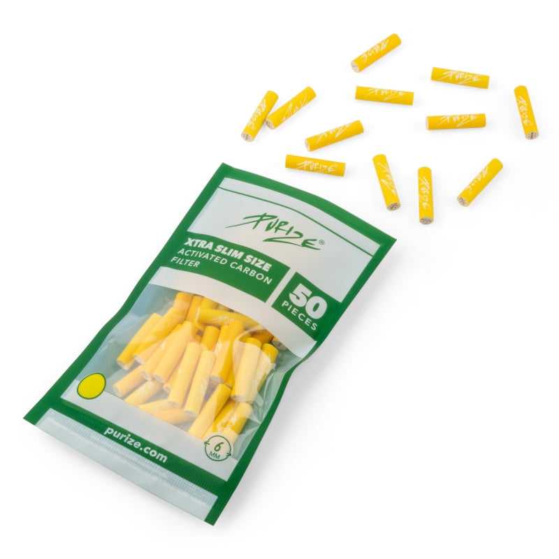 Confezzione da 50 pezzi di filtri ai carboni attivi Purize Extra Slim 5.9mm, colore giallo, per un'esperienza di fumo più pulita e aromatica.